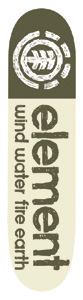 Element Rustic Level skateboard deck: An olive green nose with the round Element tree logo above cream, and the word 'element' in large distressed olive letters running up the deck, with 'wind water fire earth' beside it.