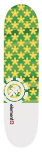 Element Spring skateboard deck: A repeating pattern of yellow five-petal flowers on layered green bands fills the top of the deck, with a white lower section carrying the large Element circle logo and wordmark.