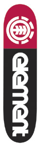 Element Channel Thriftwood skateboard deck: Deck split into a crimson top and black lower section. The Element circular tree-ring logo is in white at the nose, with the Element name in large white rotated lettering running down the black area.