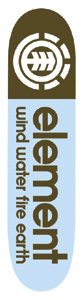 Element Level Thriftwood skateboard deck: Deck with a brown top section holding the white Element tree-ring logo, and a pale blue lower section with Element in large brown lowercase lettering and the words wind water fire earth running vertically.
