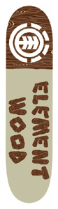 Element Log Saw Thriftwood skateboard deck: Top section is a brown wood-grain pattern with a white Element circle logo and tree emblem; the lower section is plain beige with chunky log-style brown lettering reading Element Wood, set sideways.