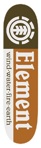 Element Section Thriftwood skateboard deck: Rounded deck split into dark olive and rust-orange sections, with the white Element circle logo at the top and the Element name in large white serif letters running vertically with wind-water-fire-earth text beside it.