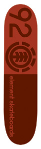 Element Split Thriftwood skateboard deck: Plain two-tone deck split across the middle into rust red and dark brown halves. A large 92 and the Element tree-ring logo sit on the upper half, with element skateboards written vertically on the lower.