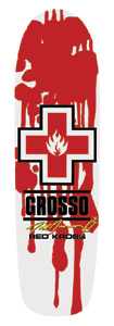 Black Label Jeff Grosso Full 2 skateboard deck: Shaped old-school deck with a large red cross containing the Black Label flame, over red blood-like splatters and drips on white. The name GROSSO sits beneath with a gold signature and Red Kross.