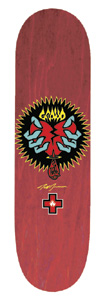 Black Label Jeff Grosso Mid skateboard deck: Red-stained shaped deck with a spiked black starburst holding a yellow flaming logo above a pair of blue hands tearing a red heart, with a small dagger beneath. Gold signature and small red cross logo below.