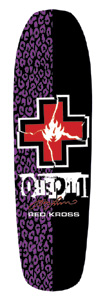 Black Label John Lucero Full 2 skateboard deck: A red cross in a black and white frame with a cracked white flame emblem at its centre, over a split deck of purple leopard print and solid black. Lucero lettering and a signature sit above Red Kross text.