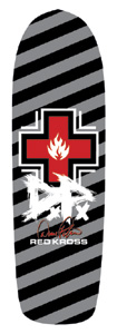Black Label Duane Peters Full 2 skateboard deck: A red cross with a white flame logo over black and grey diagonal stripes on an old-school shaped deck, with a scrawled white DP lettering, a red signature and Red Kross below.