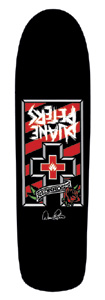 Black Label Duane Peters Mid 2 skateboard deck: A black old-school shape with a red and white striped panel carrying the rider's name in angular lettering, upside down. Below is a bevelled cross with a flaming red cross centre, a banner and a rose each side, plus a signature.