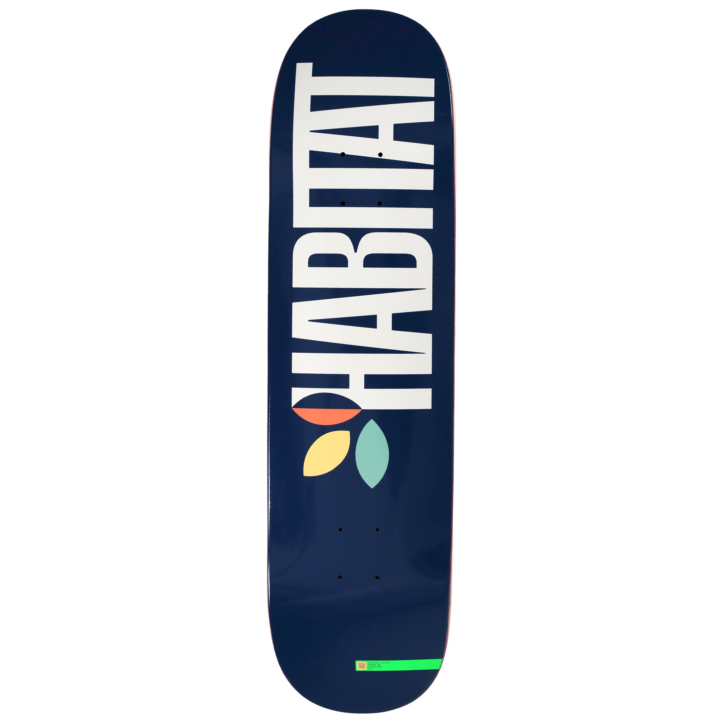 Habitat Apex Twin skateboard deck: The word 'HABITAT' in huge white capital letters runs the length of a navy deck, with the three-leaf logo in coral, yellow and mint green below it. A small green strip sits at the tail.
