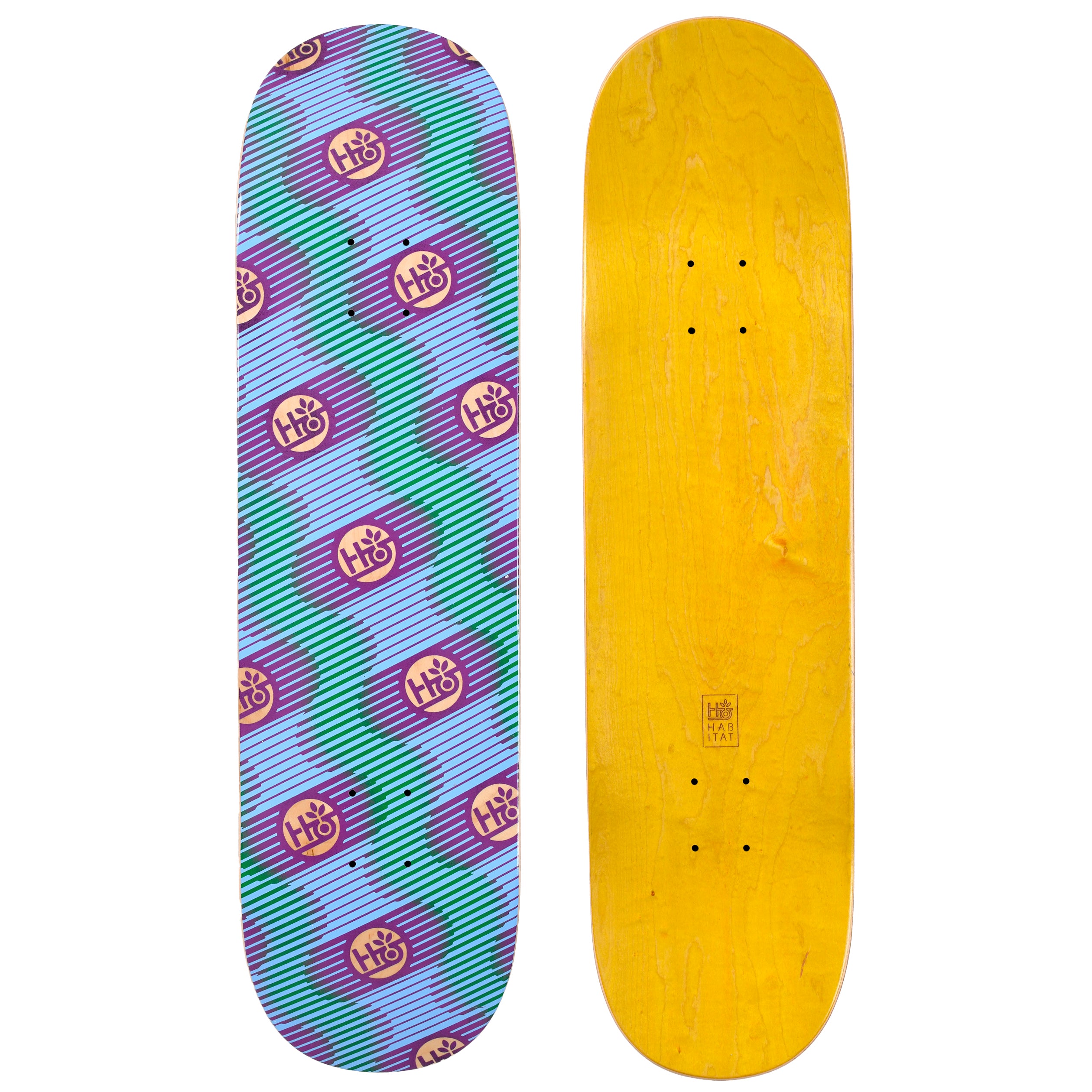 Habitat Basin skateboard deck: Repeating pattern of circular Habitat leaf logos in cream on purple discs, overlaid with wavy lines of green and lilac horizontal stripes. The underside is stained yellow.