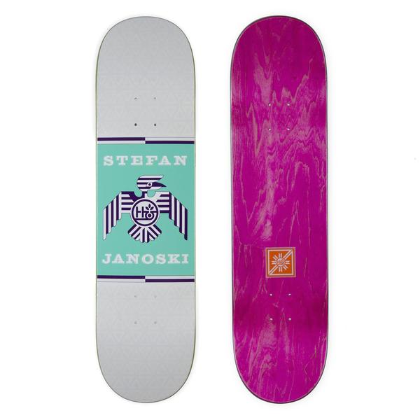 Habitat Janoski Raptor Terratone skateboard deck: A white-grey deck with a teal central panel showing a stylised purple and white striped eagle with the Habitat logo on its chest, between the name Stefan Janoski. The bottom shows a magenta wood-stained veneer.