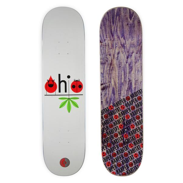 Habitat Harper Ohio skateboard deck: A grey deck with the word ohio spelt using a red cardinal bird, a black i-shaped dot and a ladybird, above green leaves. The bottom shows a purple-stained veneer with repeated red Habitat and Harper logos.