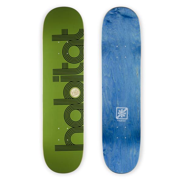 Habitat Ellipse Sm skateboard deck: Large black multi-line outlined Habitat wordmark running the length of an olive green deck, with a small cream logo roundel in the 'a'. The underside is blue-stained wood with a small logo.