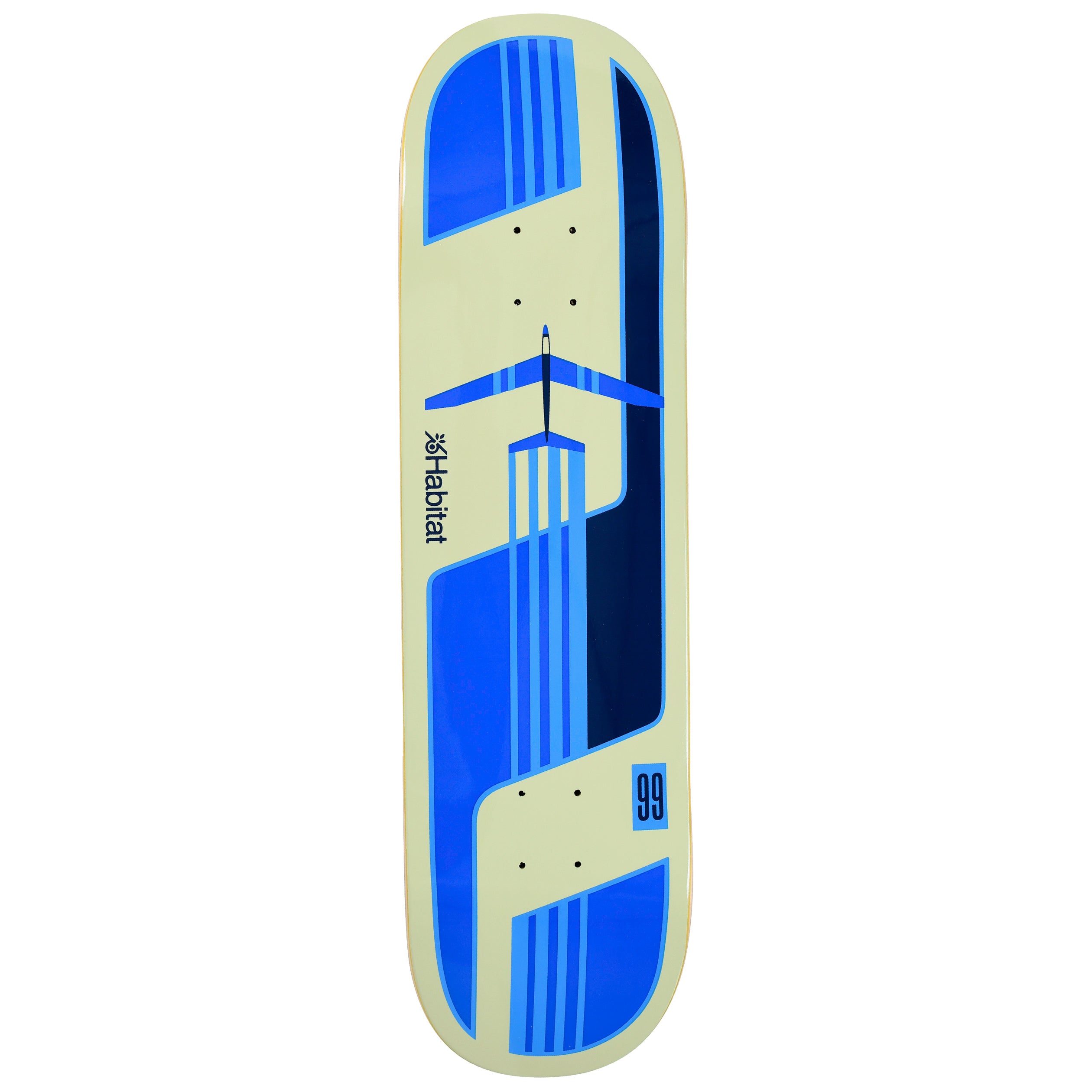 Habitat Glider Twin skateboard deck: Geometric design in blue on cream, with an aircraft seen from above, trailing stripes that run down the deck. A small 99 number box is near the tail and the Habitat logo is at the side.