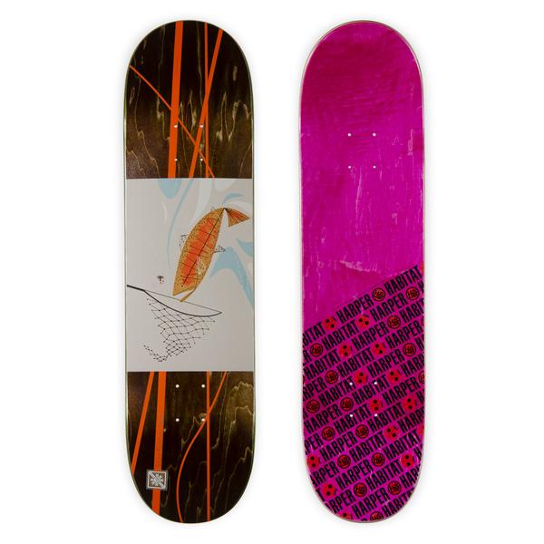 Habitat Harper Familiar Fish Silas skateboard deck: Dark stained wood deck with orange reed-like lines and a pale central panel showing an orange fish leaping above a fishing net. The underside is shown, pink-stained with a repeating Habitat Harper logo pattern.