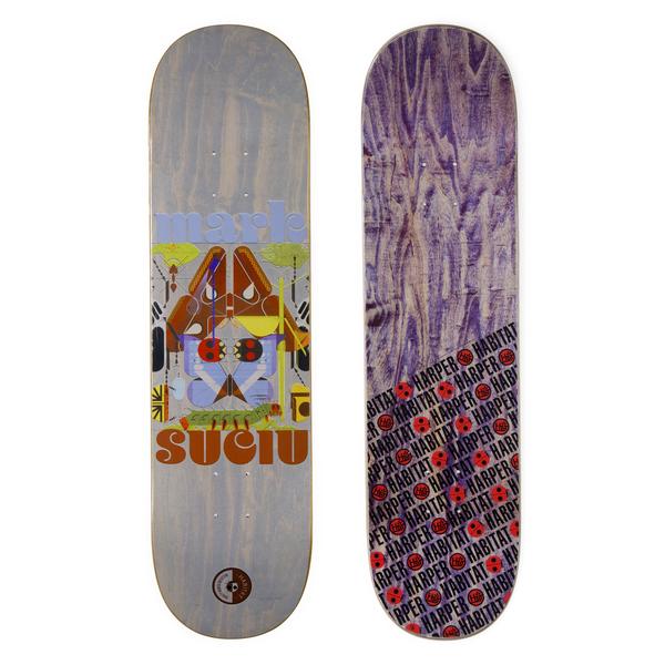 Habitat Harper Insect Diversity skateboard deck: Grey-stained deck with a geometric, mid-century-style insect illustration in rust, lilac and olive, with 'mark' above and 'SUCIU' below. The underside shows a purple stain and diagonal pattern of Habitat and Harper logos.