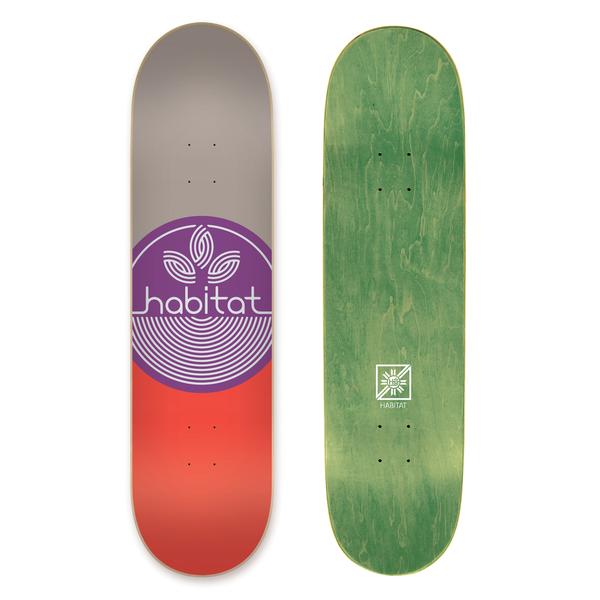 Habitat Leaf Dot Lg skateboard deck: A purple circle with a white outline leaf-and-rings logo and the brand name across the middle, over a deck split grey above and red below. The green-stained underside is also shown.