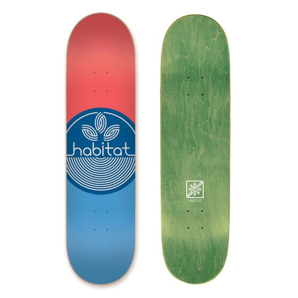 Habitat Leaf Dot Sm skateboard deck: A deck split red above and blue below, with a large navy circle in the middle holding a white-outlined leaf sprout over concentric lines and the Habitat name. The green-stained underside with a small logo is shown beside it.