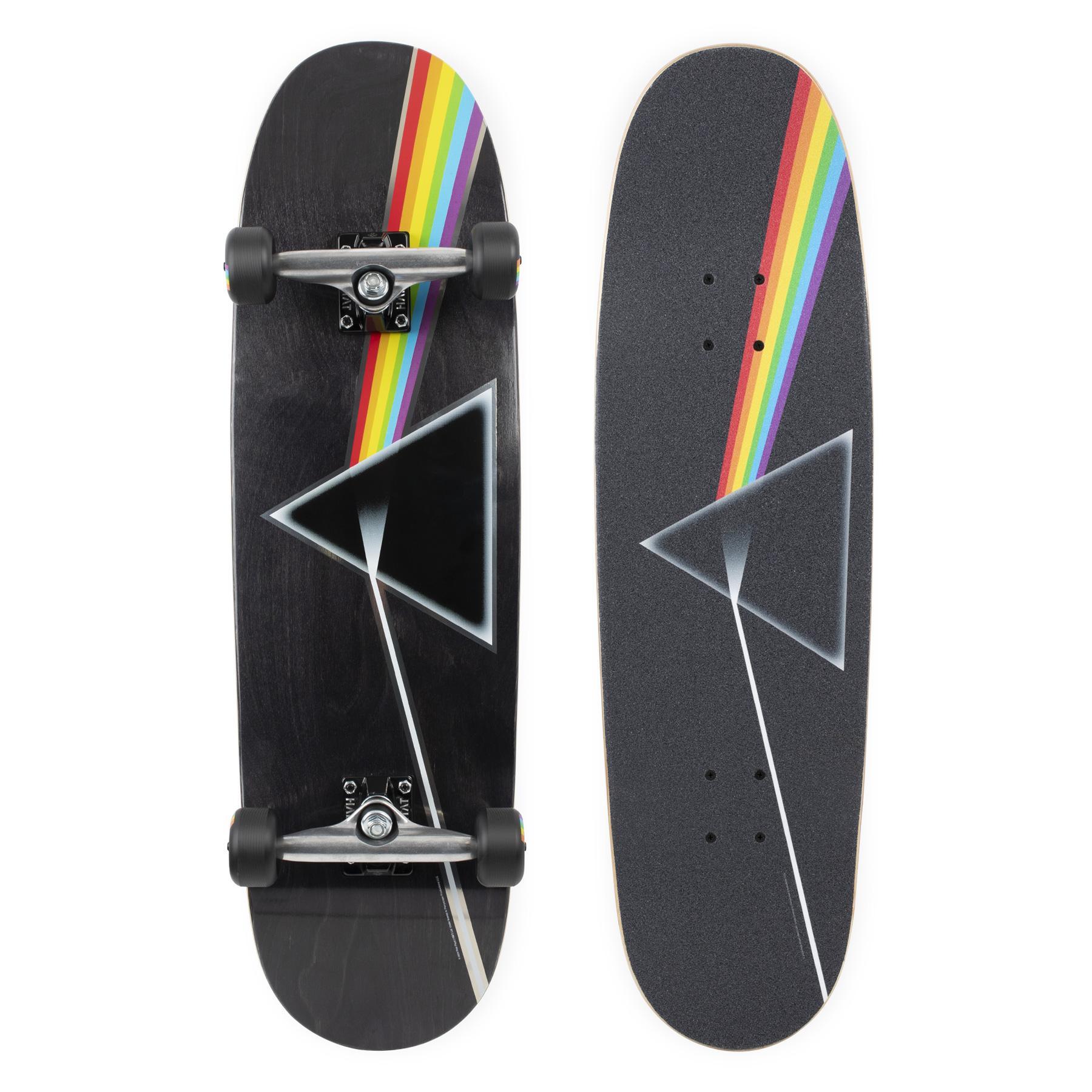 Habitat Pink Floyd Dark Side of the Moon Cruiser 9.0 skateboard deck: Dark Side of the Moon prism design on a black cruiser shape: a white-outlined triangle with a beam of white light entering and a rainbow band leaving across the top. Photo shows the complete and the bare top.