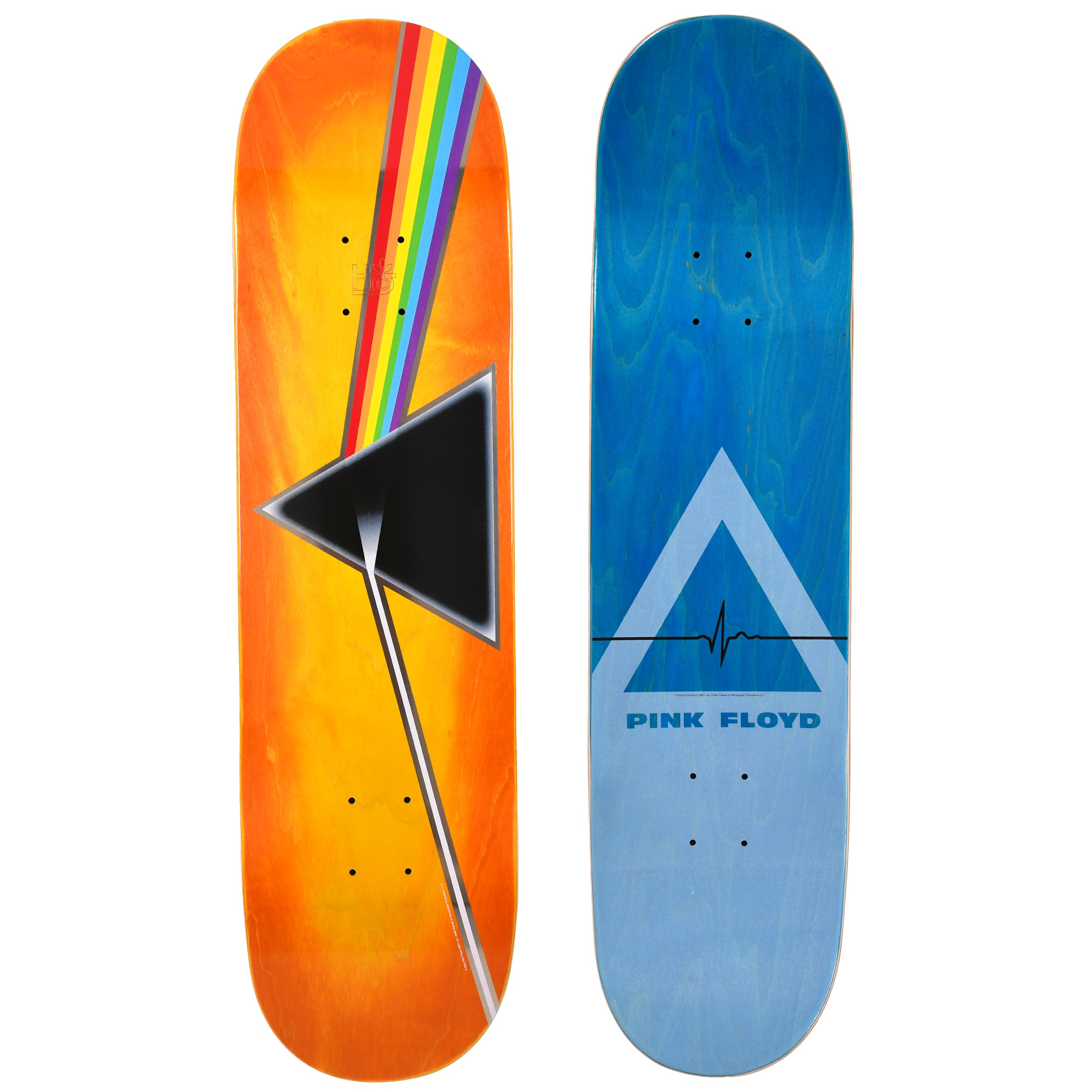 Habitat Pink Floyd Sunburst Dark Side skateboard deck: Pink Floyd Dark Side of the Moon design: black prism with a white beam entering and a rainbow leaving, on an orange sunburst stain. The blue underside has a pale triangle with a heartbeat line and Pink Floyd text.