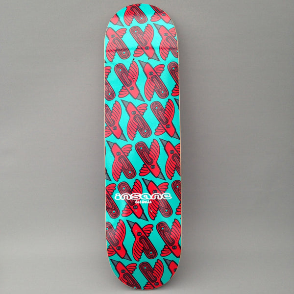 Insane Stanley Bird skateboard deck: Repeating all-over pattern of red stylised birds with grey beaks and dark patterned bodies on a turquoise background, with a small white Insane logo and rider name near the tail.