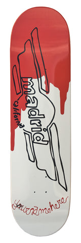 Madrid Skateboards x Tim Kerr - TK Wings 8.5 skateboard deck: A black outline drawing of a winged Madrid logo with 'california' inside, on a white deck with red paint drips running down from the top. Red handwritten text reads 'you are somewhere' near the tail.