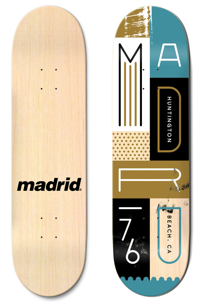 Madrid Blocks 8 skateboard deck: Geometric block layout spelling M A D R 76 in outlined and solid letters, with Huntington Beach, CA text, dotted and striped panels in teal, gold, black and white. Underside is natural wood with a black Madrid logo.
