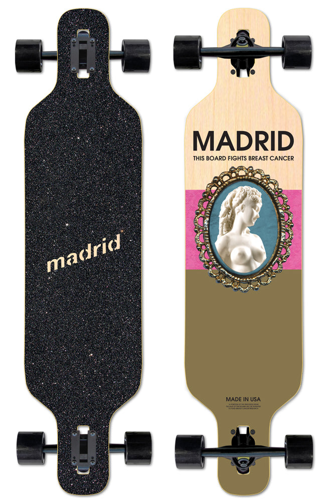Madrid Breast Cancer Relief - Dream 39 skateboard deck: Cameo-style portrait of a white marble bust of a woman in an ornate gold oval frame on a blue ground, over pink and olive colour blocks on natural wood. Madrid name and 'This board fights breast cancer' above. Complete longboard shown from top and underside.