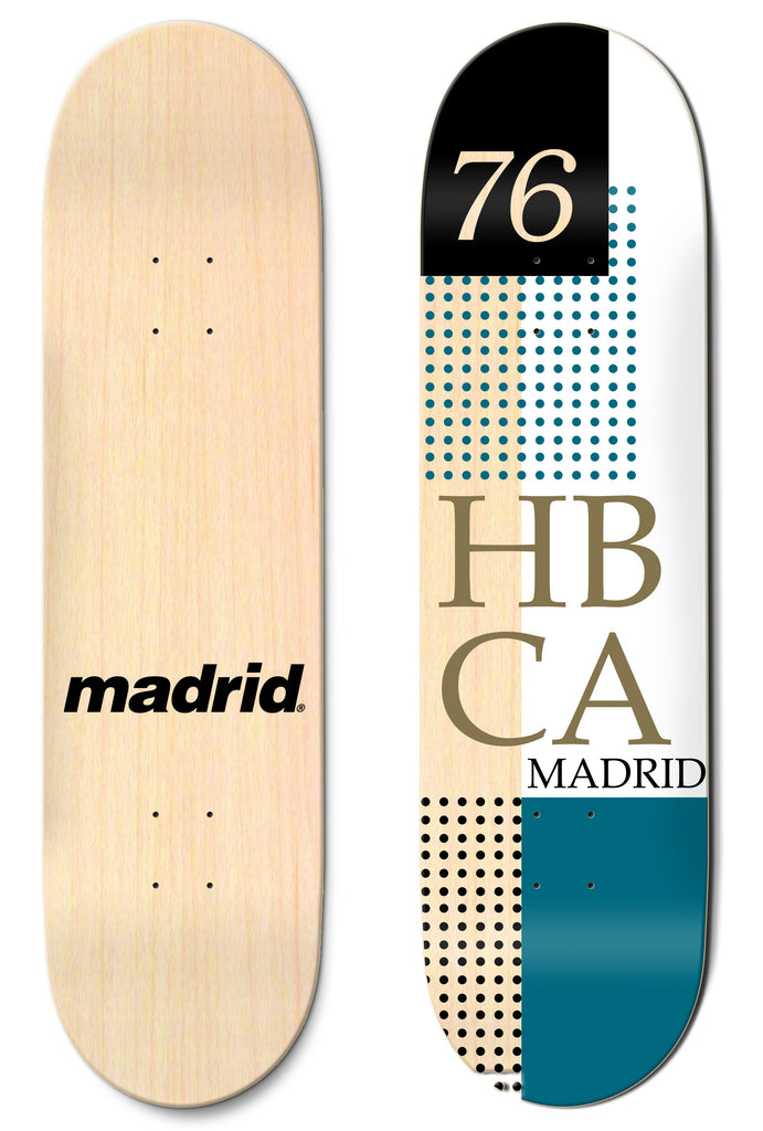 Madrid Dots 8 skateboard deck: Typographic design with a black block holding a cream '76', blocks of halftone dots in teal and black, large olive serif letters 'HB CA' and the word MADRID, plus a teal block at the base. Bare wood underside with Madrid logo shown alongside.