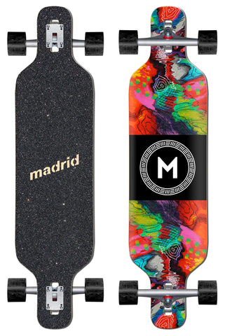 Madrid Dream 40 skateboard deck: Drop-through longboard complete with a vivid abstract paint-swirl pattern in reds, greens, purples and teals above and below a black band holding a white circular Madrid M emblem. Underside shows black grip with Madrid wordmark.