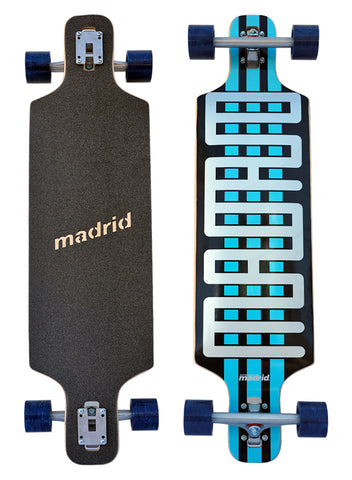 Madrid Dtf 36 skateboard deck: Drop-through longboard with a silver maze-like Madrid lettering pattern with cyan squares, between black and cyan stripes. Shown as a complete with blue wheels, and the black grip side beside it.