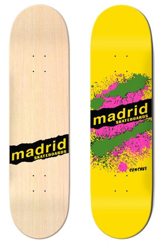Madrid Explosion Yellow 7.75 skateboard deck: Yellow deck with a black torn-paper strip carrying the madrid skateboards logo, over pink and green paint splatters. A plain natural maple deck is shown beside it.