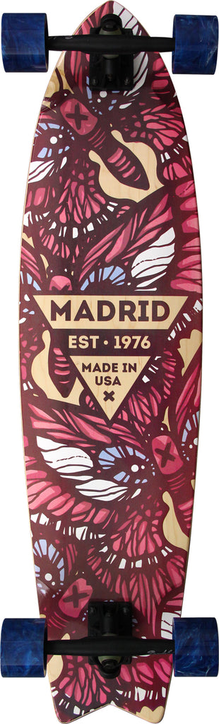 Madrid Gun 37.75 skateboard deck: Complete longboard with a swallow-tail shape showing a red and pink moth illustration with eyes and wing patterns on natural wood, centred on a triangular Madrid Est. 1976 Made in USA logo. Blue wheels and black trucks.