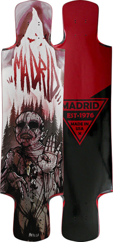 Madrid Goat Sucker 38.75 skateboard deck: Longboard with a bandaged, skull-faced creature holding up a hand in front of dark pine trees and a snowy peak, with a large dripping red Madrid logo across the mountain. The back shows a red and black panel with a triangular Madrid logo.