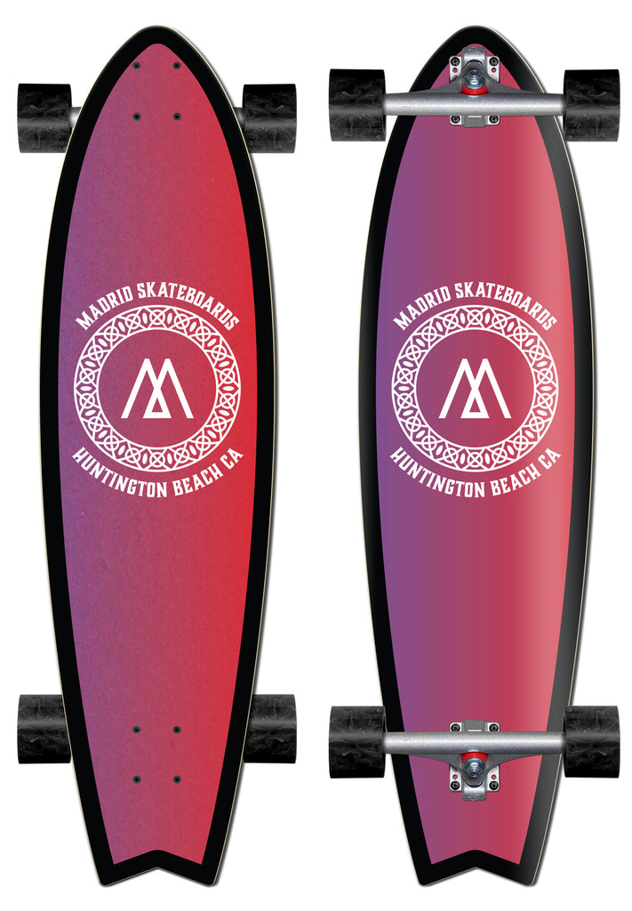 Madrid Gun 36 skateboard deck: Purple to red gradient with a white circular Madrid Skateboards emblem of interlaced knotwork around an M logo, with Huntington Beach CA lettering. Complete fish-tail cruiser shown from top and underside with trucks and black wheels.