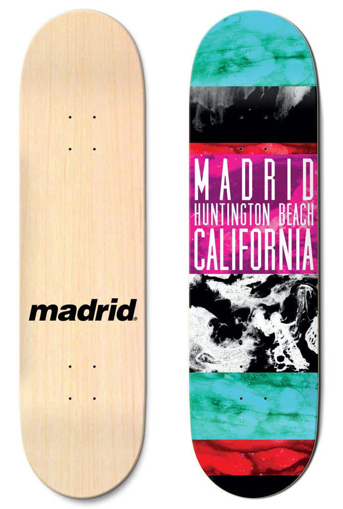 Madrid Layers 8 skateboard deck: Bands of marbled ink-wash texture in turquoise, black, magenta and red run across the deck, with Madrid Huntington Beach California in tall white capitals across the middle. The photo also shows the plain natural maple underside with a black Madrid logo.