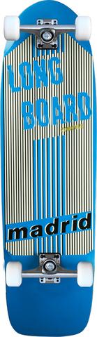 Madrid Longboard 36 skateboard deck: Cream top with thin vertical black pinstripes, large blue distressed block capitals reading LONG BOARD, and a black bar with white lowercase madrid at the base. Blue outer edges and nose and tail on a retro cruiser shape.