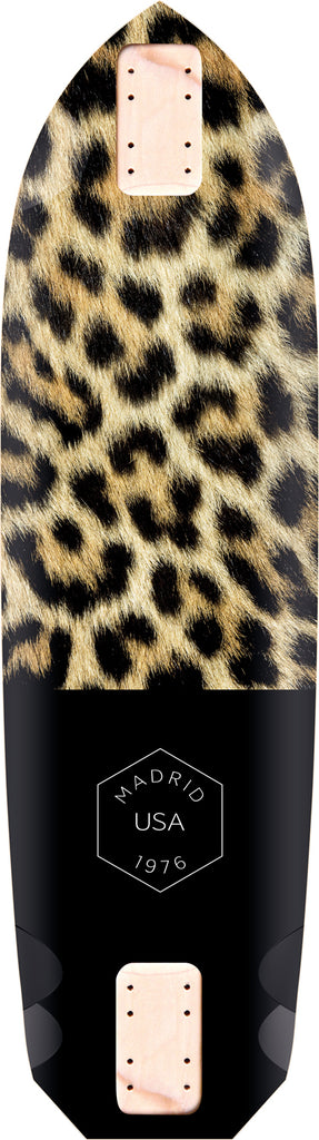 Madrid Pro Series Dominant 34.5 skateboard deck: Longboard-style shaped deck with a leopard-print upper half and a plain black lower section carrying a small hexagon logo, with cut-out wheel wells and clear grip patches at the ends.