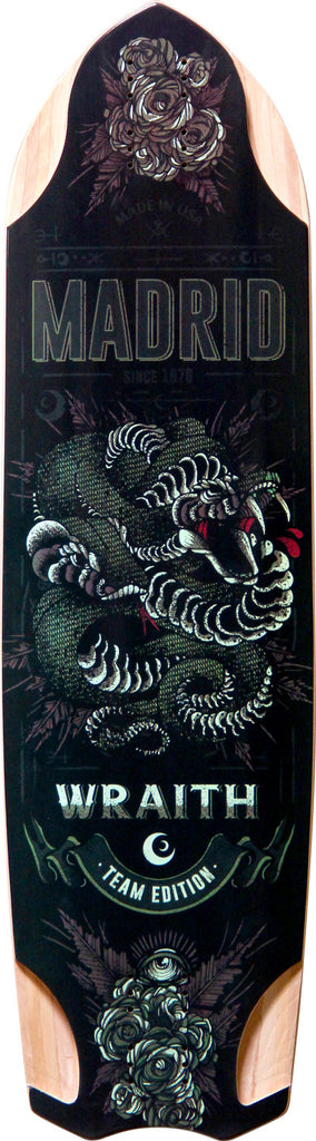 Madrid Pro Series Wraith 35 skateboard deck: Black longboard deck with a detailed illustration of a coiled snake with open fangs, roses at nose and tail and a winged eye. Madrid and Wraith Team Edition titling, with exposed natural wood at the corner cut-outs.