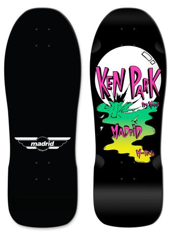 Madrid Retro Ken Park skateboard deck: A reissue-style old school shape with a large white moon, pink brush lettering reading Ken Park and a green and yellow slime splash. Madrid and M-Tech lettering appear, with a winged Madrid logo on the underside.