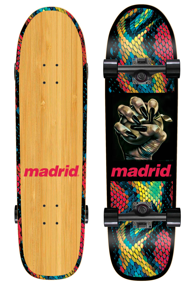 Madrid Space Owl 32.75 skateboard deck: Cruiser with a black panel showing a clawed hand holding a small object, framed by bright multicoloured snakeskin scales in red, yellow, green and blue, with a red Madrid logo. Underside is natural bamboo with snakeskin edges.