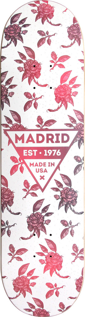 Madrid Rosa 8 skateboard deck: White deck with an all-over pattern of roses, buds and leaves in pink, red and maroon, with a triangular logo reading Madrid Est. 1976 Made in USA at the centre.