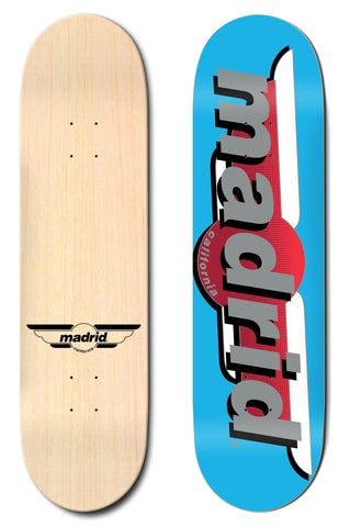 Madrid Wings Blue 8 skateboard deck: Bright blue deck with large grey lowercase 'madrid' lettering and a red circle reading 'california'. The natural-wood underside carries a black Madrid winged logo.