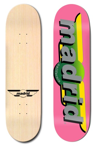 Madrid Wings Pink 8 skateboard deck: Pink deck with large grey 'madrid' lettering with a black shadow across a yellow and green halftone circle marked 'california'. The natural wood underside shows a small winged Madrid logo in black.