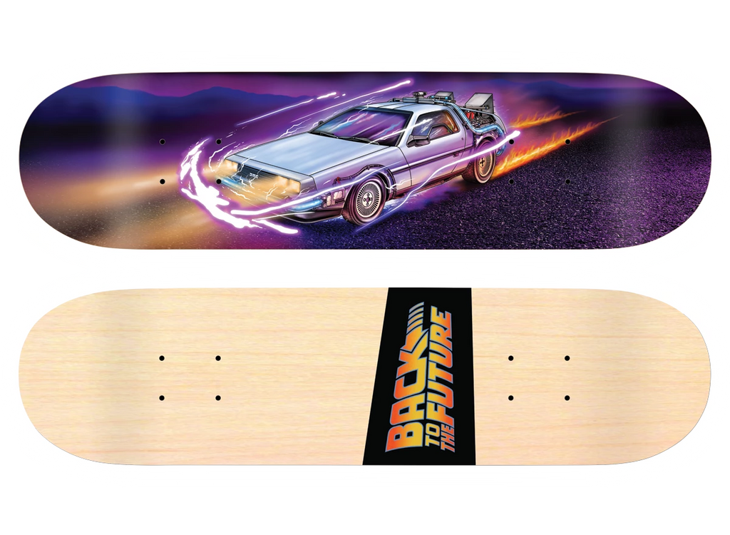 Madrid X Back to the Future - 88MPH 8 skateboard deck: A silver DeLorean time machine speeding down a dark road with blue electric sparks, flames trailing behind and a purple dusk sky. The underside carries the Back to the Future logo on a black strip over natural wood.