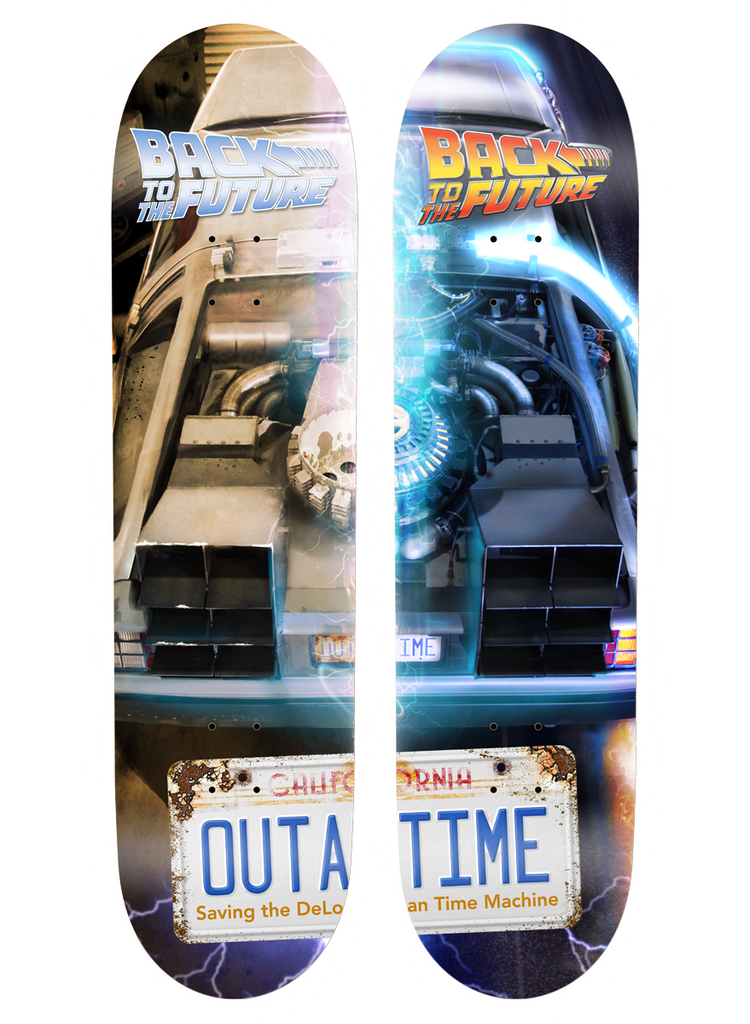 Madrid X Back to the Future - OUTATIME Split Series 8.25 skateboard deck: Two decks side by side forming one image of the front of a DeLorean time machine with its engine and a California licence plate reading 'OUTATIME'. Back to the Future logo at the top of each, one in silver, one in orange and red, with blue electric effects.