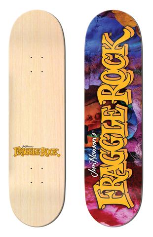 Madrid x Fraggle Rock Logo 8 skateboard deck: Jim Henson's Fraggle Rock logo in large yellow-orange outlined letters running up a colourful tie-dye background of purple, blue, red and orange. The plain bottom shows a smaller version of the logo.