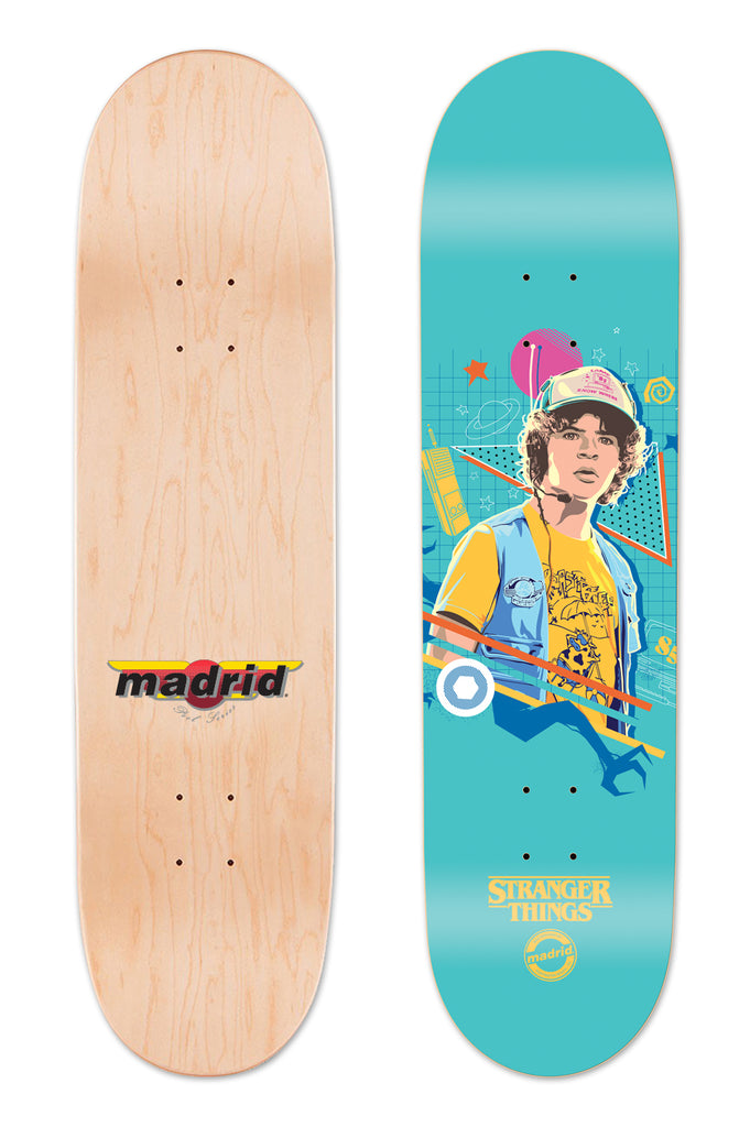 Madrid X Stranger Things 3 - Dustin Blue 8 skateboard deck: Teal deck with a stylised illustration of a curly-haired boy in a cap and yellow t-shirt with a denim vest, set among retro 80s shapes, a walkie-talkie and a pink planet. Stranger Things and Madrid logos sit at the bottom.