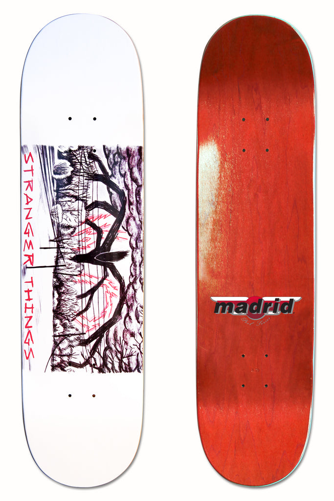 Madrid X Stranger Things - Mind Flayer 8 skateboard deck: A dark pen-style drawing of a tall spindly monster among bare trees under a stormy sky, with red cracks of light, framed on a white deck beside red vertical Stranger Things lettering. The photo also shows the red underside with a Madrid logo.