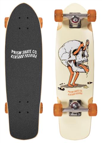 Prism Skate Co. Prism Skipper 27 skateboard deck: Cream cruiser deck showing a large grey skull on bare orange legs, tipping a bottle into its own mouth, with spilled beer and bottles on the ground. Drawn in a flat cartoon style with orange and grey accents.